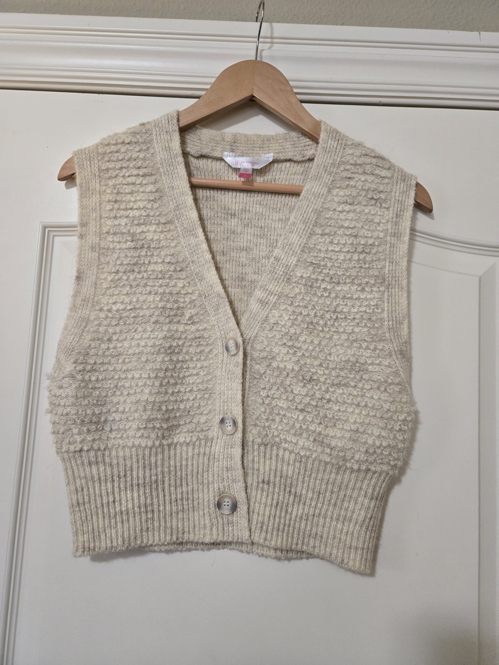 No Boundaries Cream Textured Knit V-Neck Button Vest